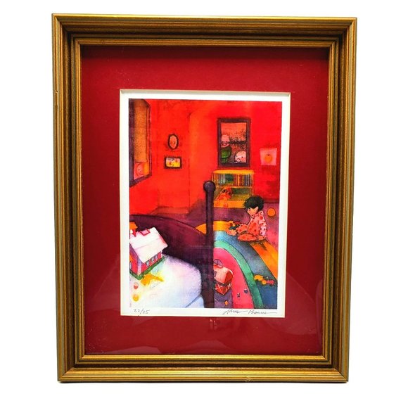 James Browne Child Playing in Bedroom Framed Print 22/25 Bright Colors - Picture 1 of 5